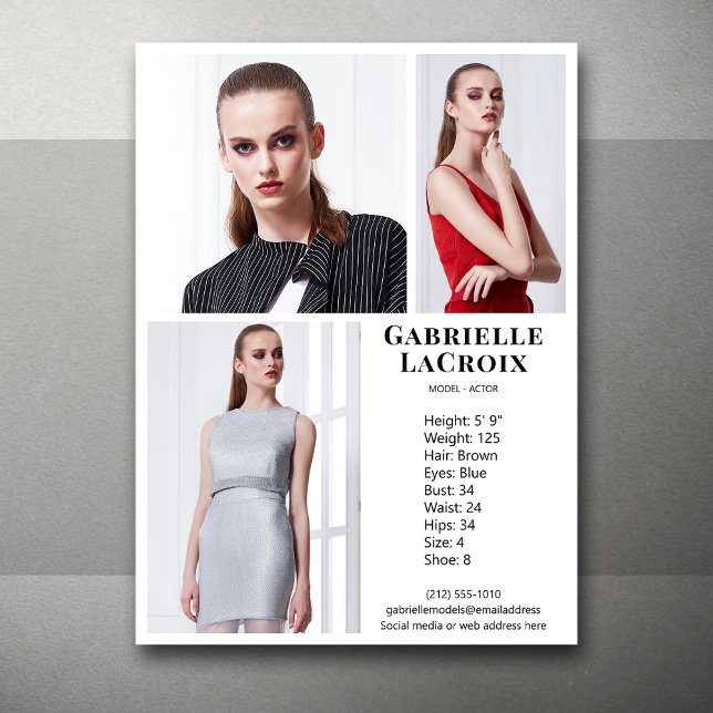 Model Actor 3 Photo Pro Comp Card Template White (Available in print or instant digital download for quick messaging, email or self printing.)