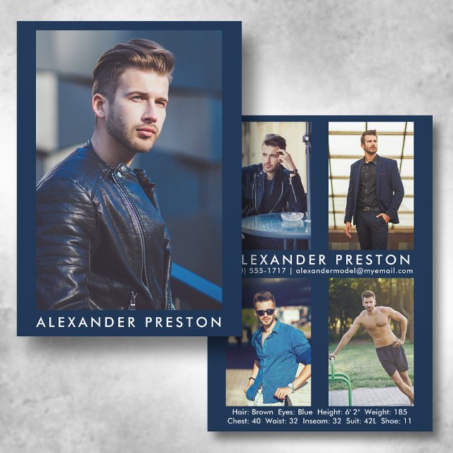 Model Actor 5x7 Comp Card 4 Photo Back Blue (Available in high quality print or digital download for quick messaging, email or self printing.)