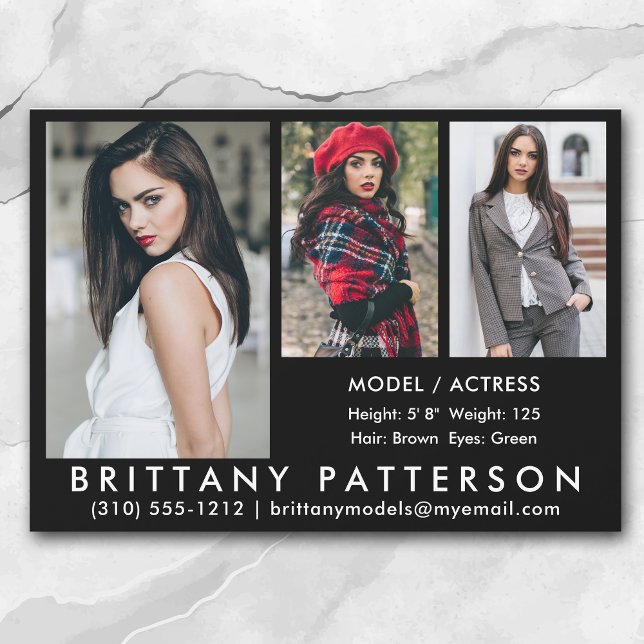 Model Actor Comp Card 3 Photo 5x7 Blk (Available in high quality print or digital download for quick messaging, email or self printing.)
