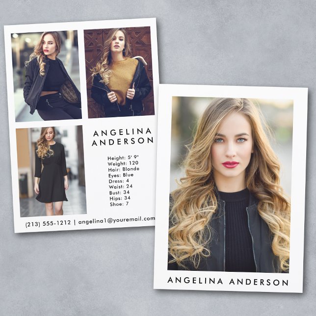 Model Actor Comp Card - 3 Photo Back (Customize to change background color, text size or text style.)