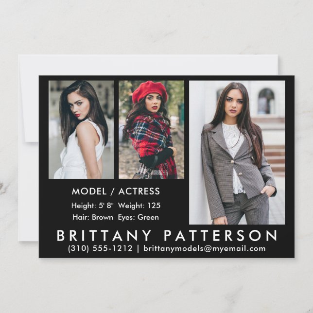 Model Actor Comp Card 3 Photo Black 5x7 (Front)