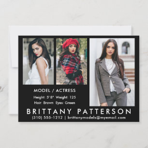 Model Actor Comp Card 3 Photo Black 5x7
