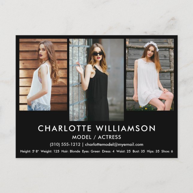 Model Actor Comp Card 3 Photo Postcard Blk (Front)