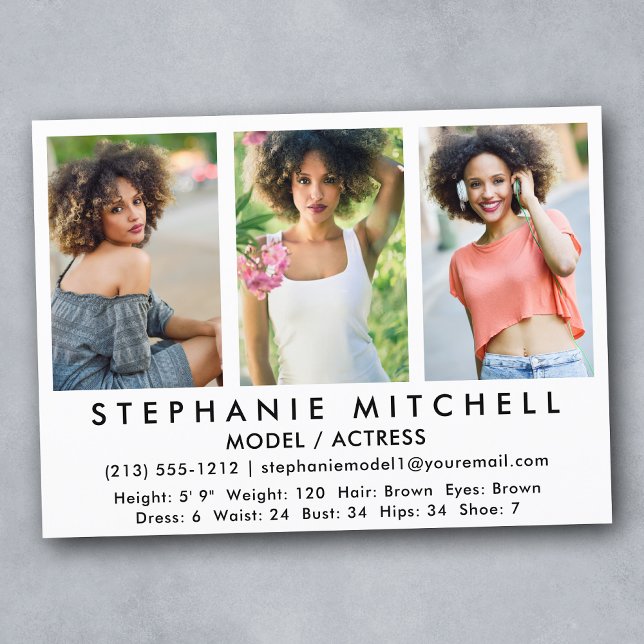 Model Actor Comp Card - 3 Photo Wht (Customize to change background color, text size or text style.)
