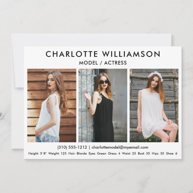 Model Actor Comp Card 5x7 White 3 Photo (Front)