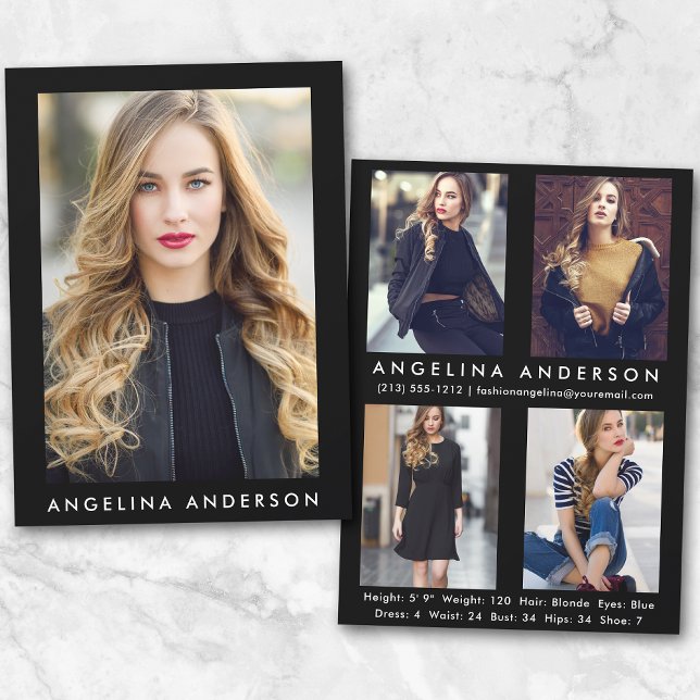 Model Actor Comp Card Blk - 4 Photo Back (Customize to change background color, text size or text style.)