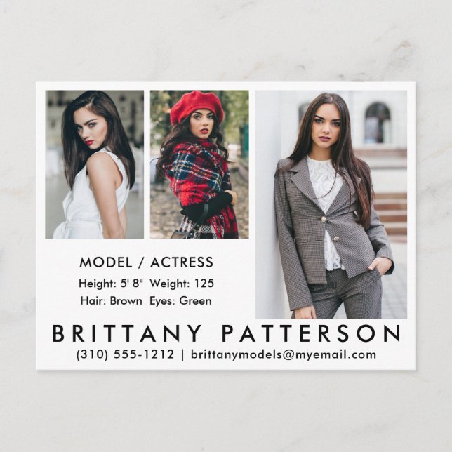 Model Actor Comp Card Postcard 3 Photo White (Front)