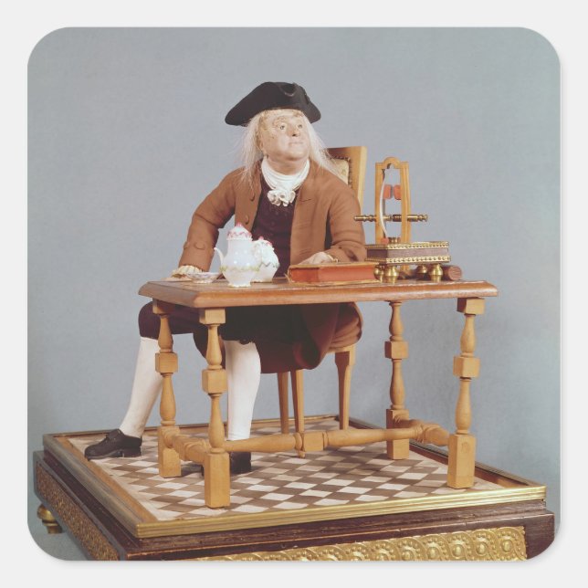 Model of Benjamin Franklin  at his table Square Sticker (Front)