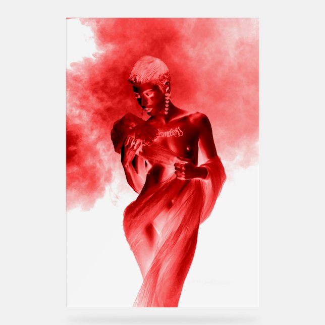 Model posing with red fabric and smoke in monochro (Recto)