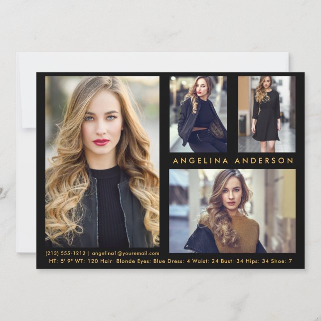 Modèle Acteur 4 Photo Comp Card - Black Gold Front (Devant)