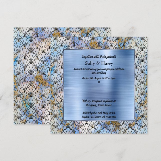 MODÈLE ART DÉCO FAIRE-PART DE MARIAGE BLEU (Devant / Derrière)