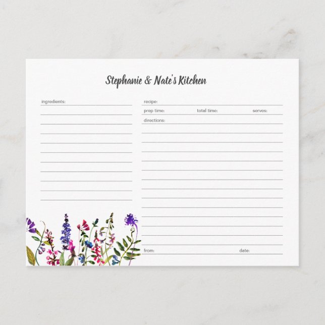 Modèle de carte de recette de fleurs sauvages (Devant)