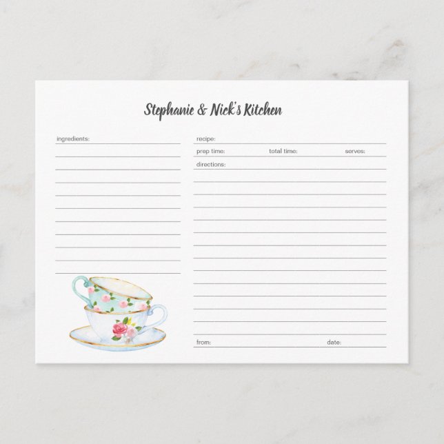 Modèle de carte de recette de tasses de thé floral (Devant)