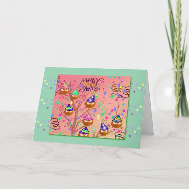 Modèle de carte de voeux pour le Nouvel An Owls (Devant)
