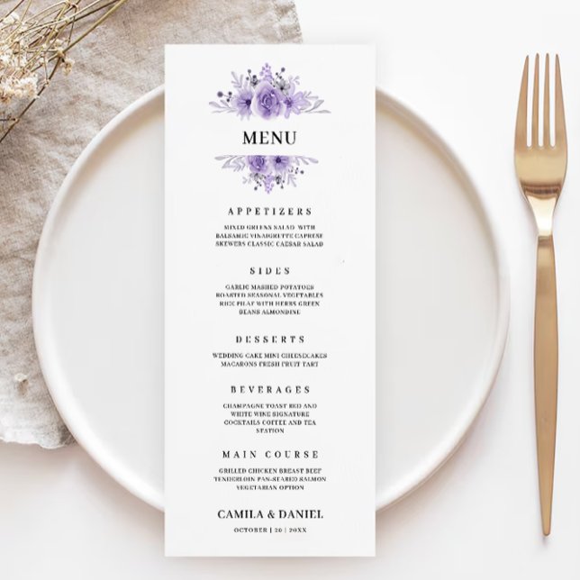 Modèle de cartes de menu Mariage violet (Purple Wedding Menu Cards Template)