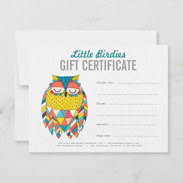 Modèle de certificat cadeau d'entreprise Owl Fashi (Devant)