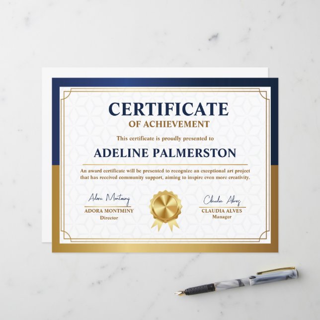 Modèle de certificat d'excellence bleu et or (Devant/Arrière en situation)