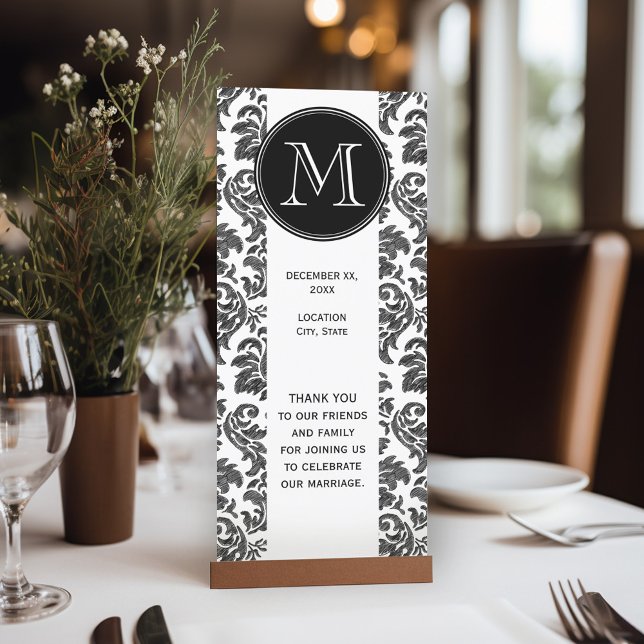 Modèle de Damas de tableau noir et blanc (Wedding Program Table Card)
