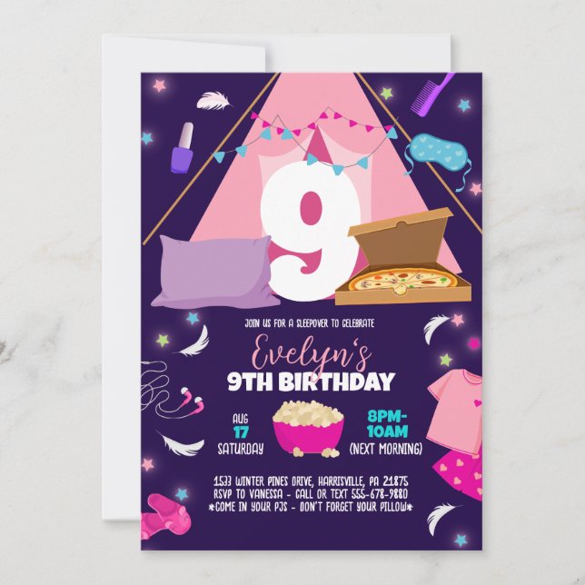 Modèle de fête pyjama, Invitation filles pour soir (Devant)