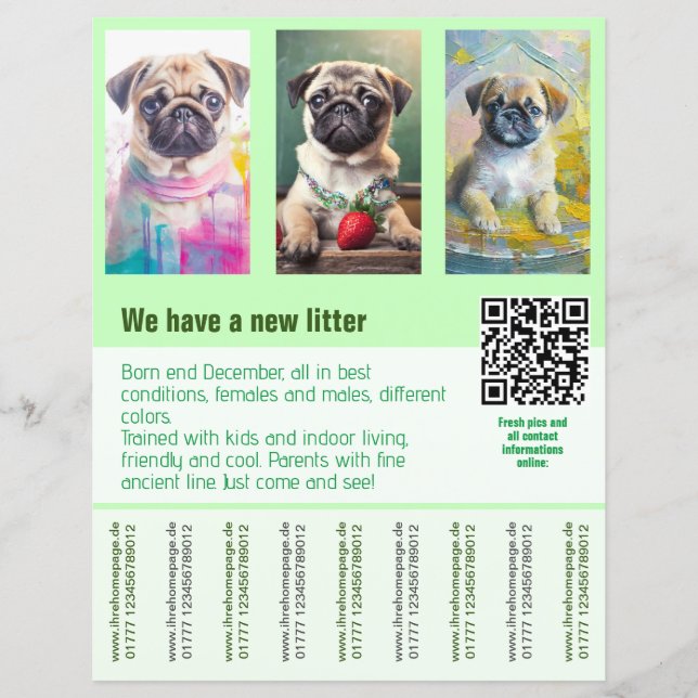 Modèle de flyer de vente de chiots Pug avec code Q (Devant)