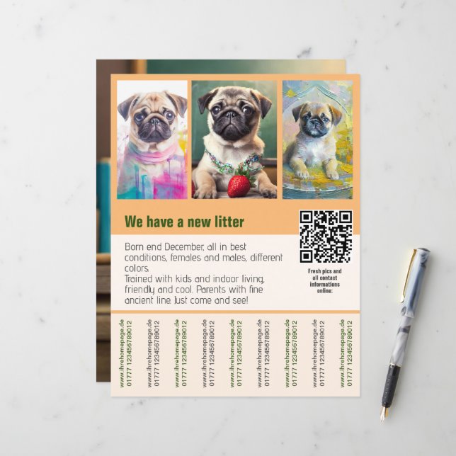 Modèle de flyer de vente de chiots Pug avec code Q (Devant/Arrière en situation)