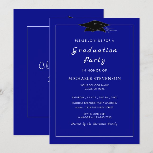 Modèle de l'invitation à la graduation bleue perso (Devant / Derrière)