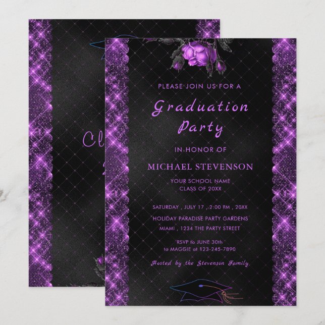 Modèle de l'invitation à la graduation noire et vi (Devant / Derrière)