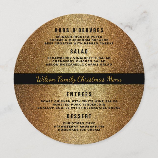 Modèle de menu de dîner de Noël rond noir or (Devant)