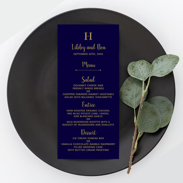 Modèle de menu de mariage chic bleu marine et or (Créateur téléchargé)