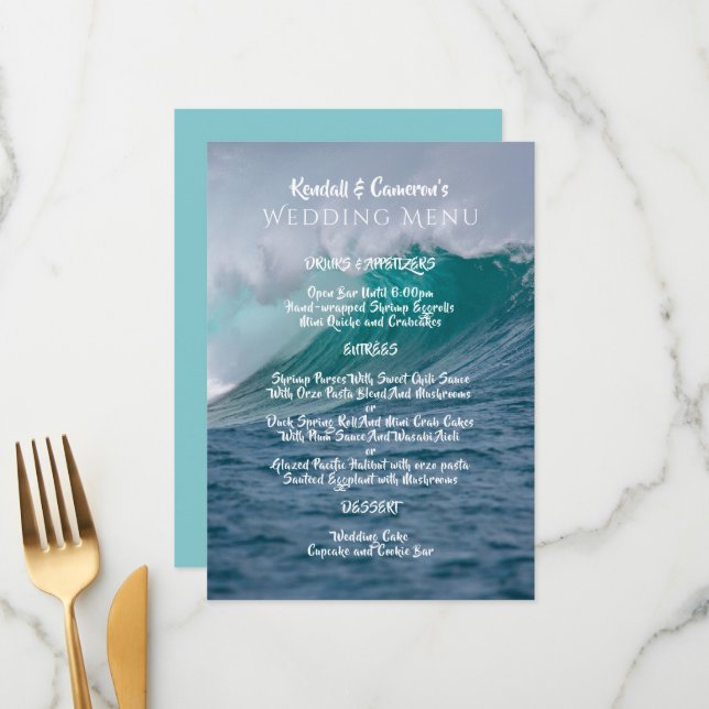 Modèle de menu Mariage de vague d'océan (Devant/Arrière en situation)