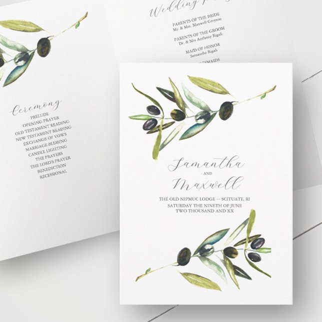 Modèle de programme de mariage aquarelle olive pli (Rustic wedding program watercolor olive branch art by Victoria Grigaliunas of Do Tell A Belle)