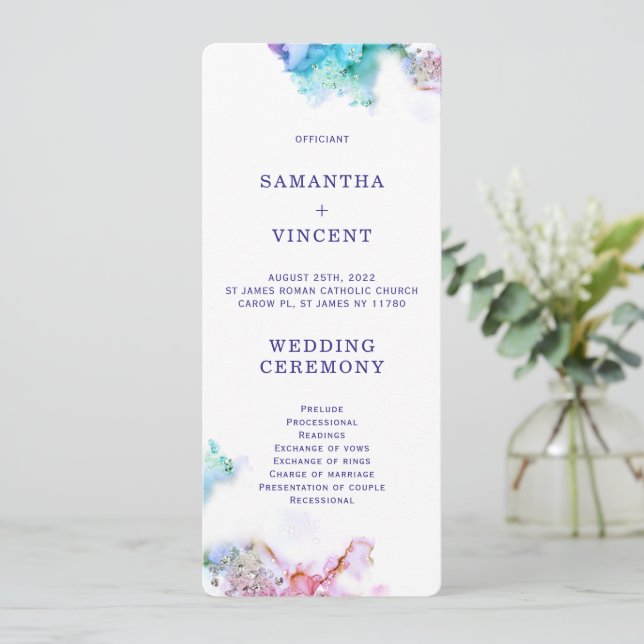 Modèle de programme de mariage turquoise violet (Debout devant)