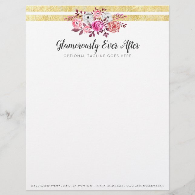 Modèle D'en-tête De Lettre Aquarelle rose Floral & Or Glam (Devant)