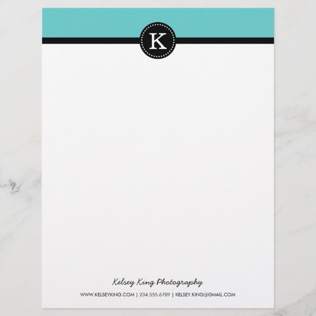 Modèle D'en-tête De Lettre Monogramme personnalisé moderne noir et turquoise (Devant)