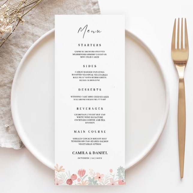 Modèle des cartes de menu Mariage fleur sauvage (Wildflower Wedding Menu Cards Template)