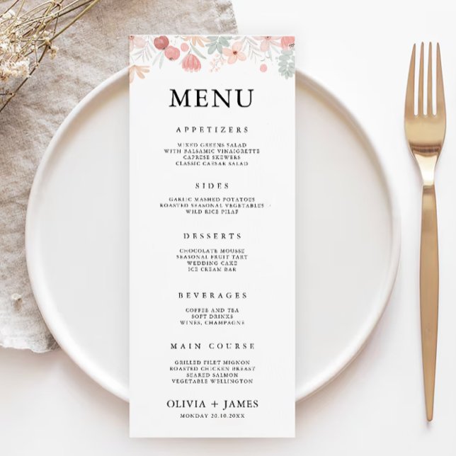 Modèle des cartes de menu Mariage fleur sauvage (Wildflower Wedding Menu Cards Template)