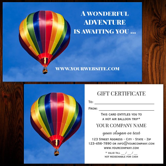 Modèle du certificat cadeau pour le vol à ballon c (A gift certificate or regular business card featuring a hot air balloon.)