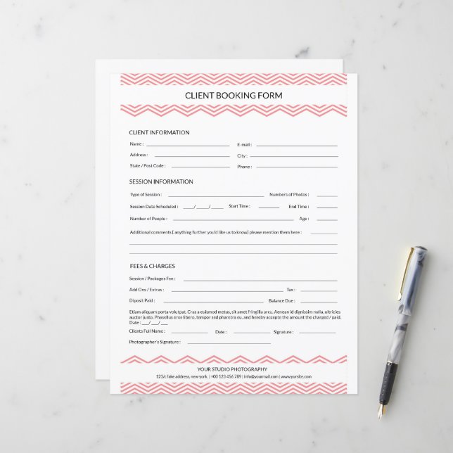 Modèle du formulaire de contrat de session de phot (Devant/Arrière en situation)