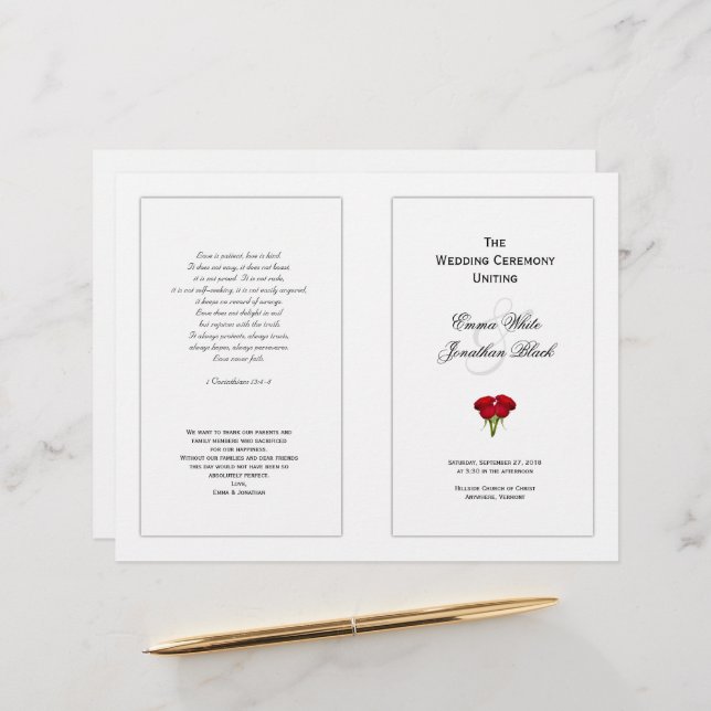 Modèle du programme de mariage Red Roses (Devant/Arrière en situation)