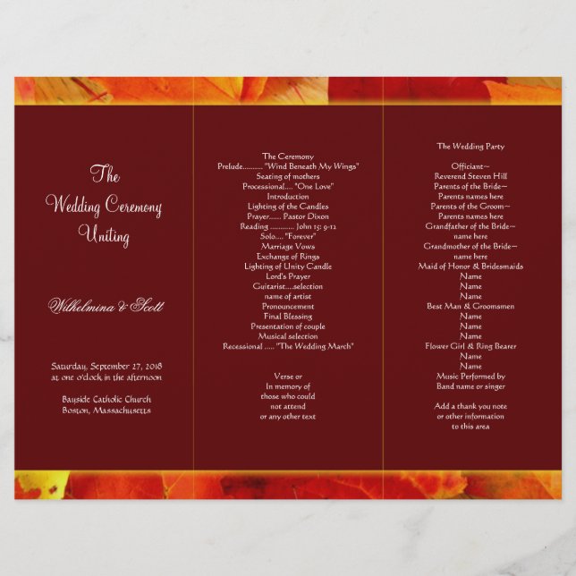 Modèle du programme Tri-Fold Sent Burgundy Automne (Devant)