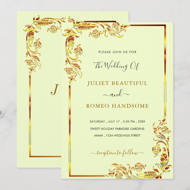 Modèle Faire-part de mariage de cadre Floral Or (Devant / Derrière)