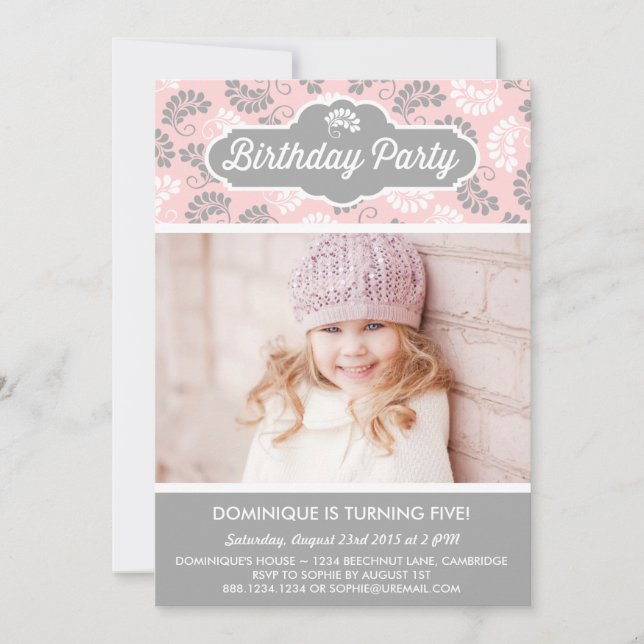 MODÈLE FLEURI ROSE ET GRIS INVITATION ANNIVERSAIRE (Devant)