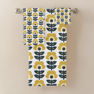 Modèle floral rétro Marine et moutarde Jaune