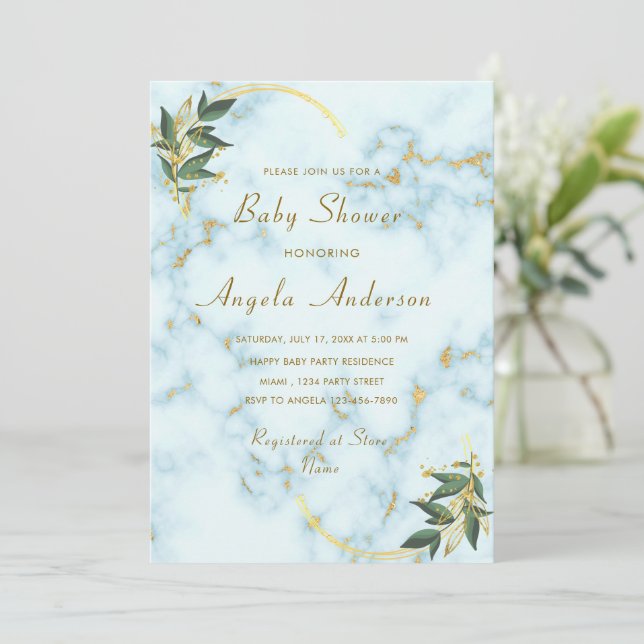 Modèle Invitation Baby shower Marbre blanc d'or (Debout devant)