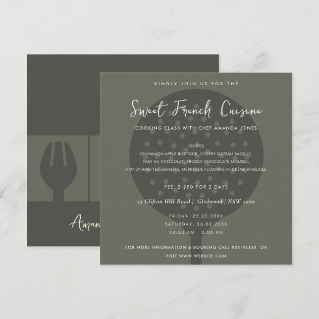 MODÈLE INVITATION DE CLASSE DE CUISINE DE LA PLAQU (Devant / Derrière)