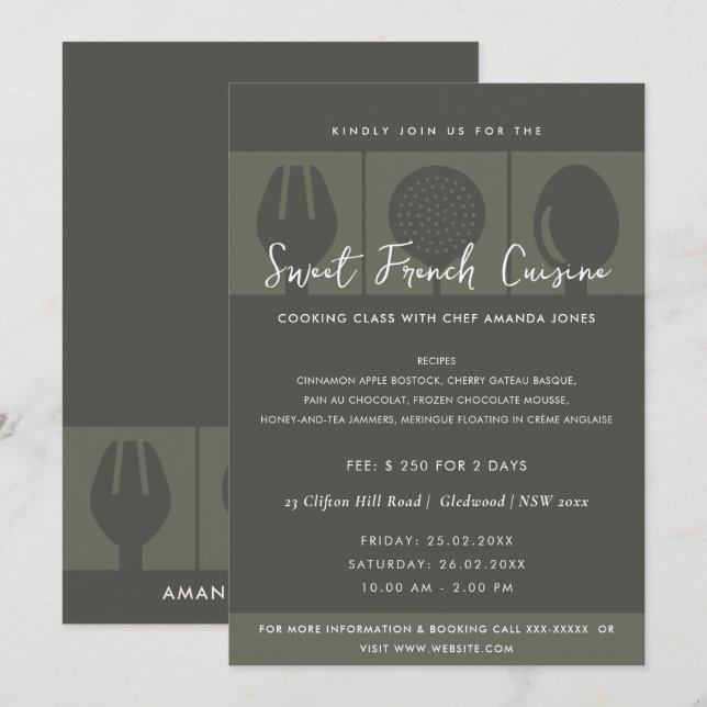MODÈLE INVITATION DE CLASSE DE CUISINE DE LA PLAQU (Devant / Derrière)