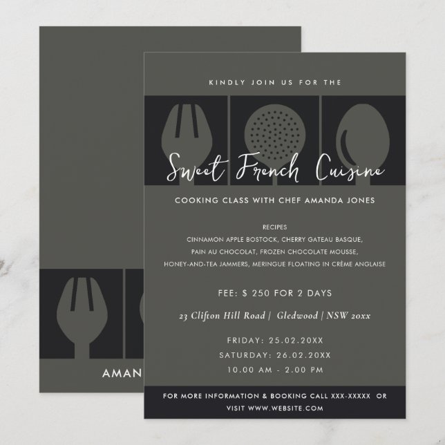 MODÈLE INVITATION DE CLASSE DE CUISINE DE LA PLAQU (Devant / Derrière)