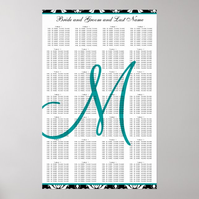 Modèle Mariage Tableau de siège Damas Turquoise (Devant)