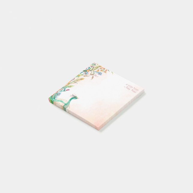 Modèle post-it pastel crème fleurie paon note (Incliné)