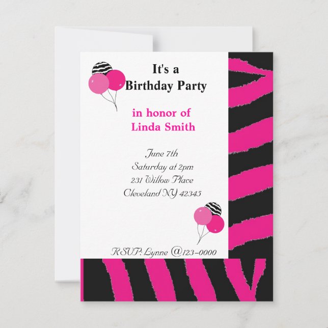 Modèle Zèbre rose et noir Anniversaire Invitation (Devant)